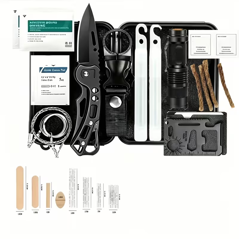 Fishing Equipment Essentials - 62種類のサバイバル用品がセットになった、男性用タクティカルナイフセットとアウトドアツール。父の日ギフトに最適。お父様、ご主人、恋人へのプレゼントに。キャンプ、狩猟、釣り、サバイバル、ハイキング、冒険に欠かせないアイテムです。