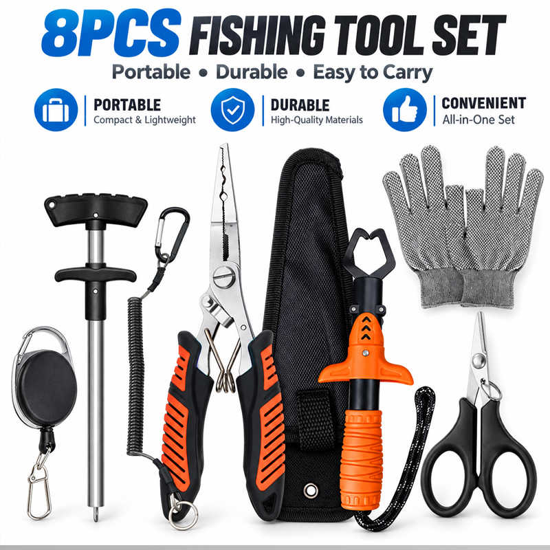 Fishing Equipment Cheap - プロ仕様の多機能フィッシングプライヤーセット。魚の口を挟むためのグリップ、フック外し、釣り糸カッター、釣り用ハサミが付属。釣り愛好家向け。