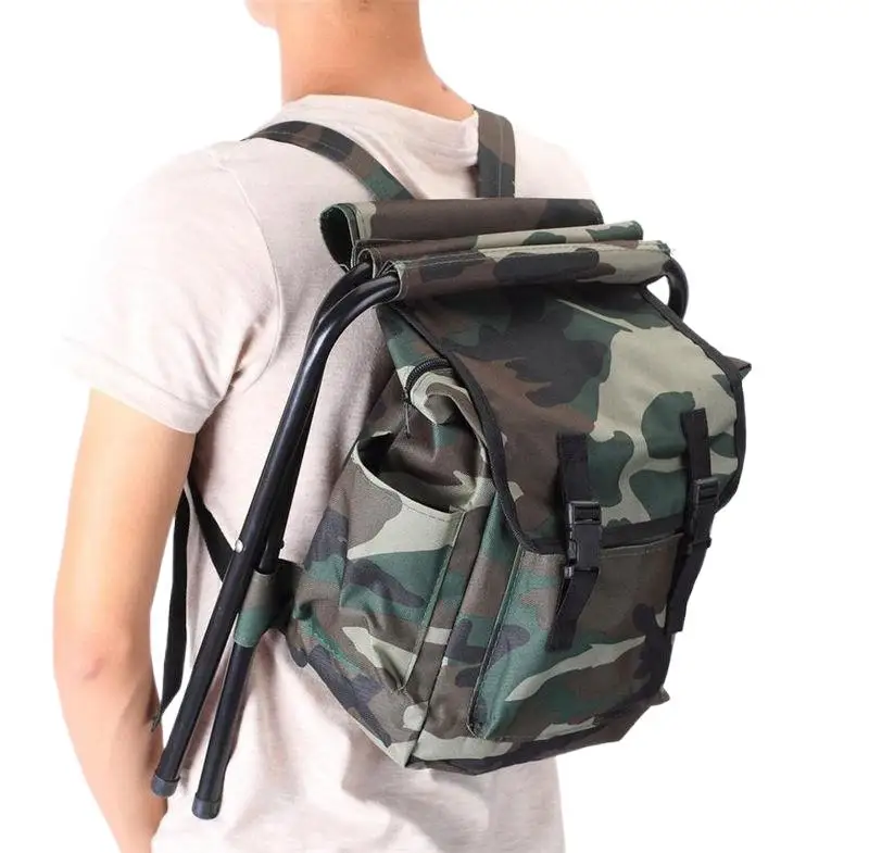 Fishing Equipment Bag - 迷彩柄オックスフォード布製釣り椅子 折りたたみ式バックパック 金属チューブ付き 大容量ポータブルスツール アウトドアキャンプ用品