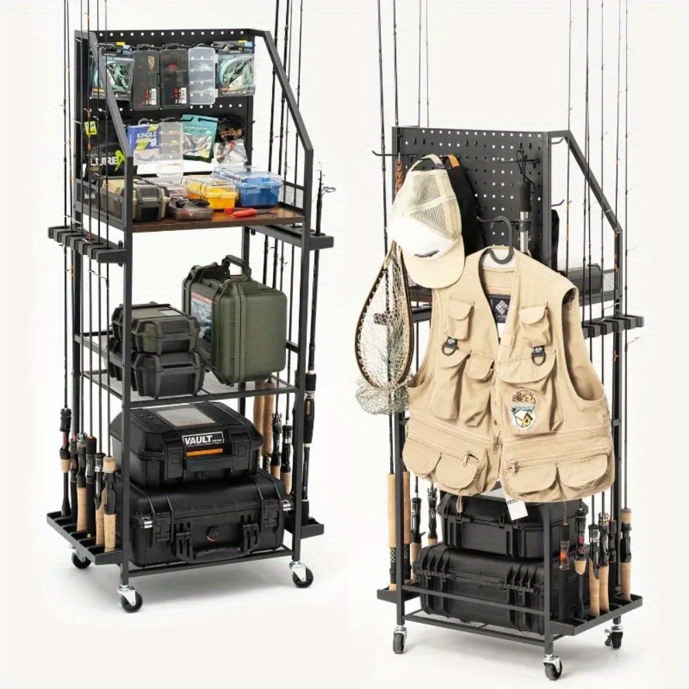 Fishing Equipment Carp - ガレージ用釣り竿ホルダー、ペグボードフック付き12本用釣り竿ホルダー、ローリングフィッシングカート、タックルボックス、ギア収納