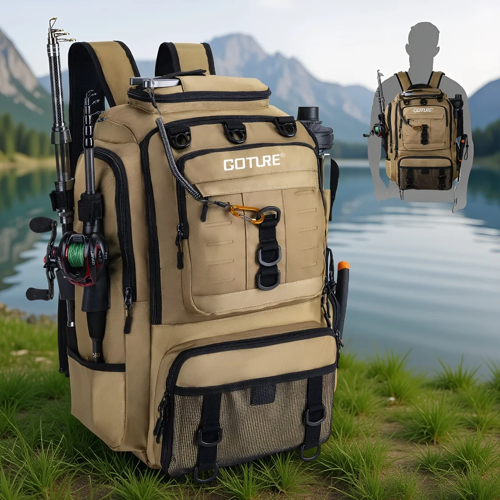 Goture製、防水仕様の釣り用バックパック。ロッドホルダー - Fishing Equipment Bag のレビューと価格